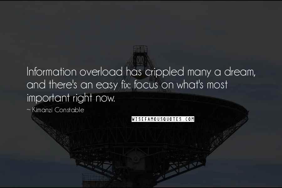 Kimanzi Constable Quotes: Information overload has crippled many a dream, and there's an easy fix: focus on what's most important right now.