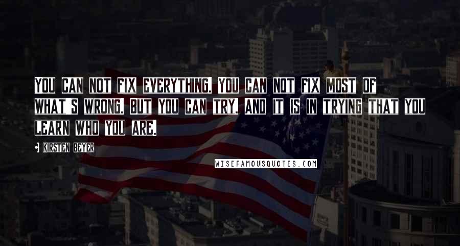 Kirsten Beyer Quotes: You can not fix everything. You can not fix most of what's wrong. But you can try. And it is in trying that you learn who you are.