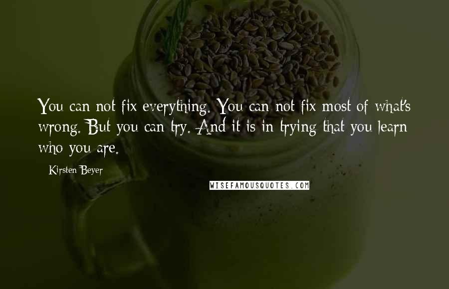Kirsten Beyer Quotes: You can not fix everything. You can not fix most of what's wrong. But you can try. And it is in trying that you learn who you are.