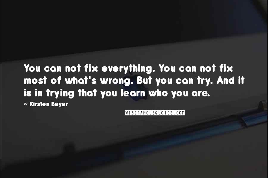 Kirsten Beyer Quotes: You can not fix everything. You can not fix most of what's wrong. But you can try. And it is in trying that you learn who you are.