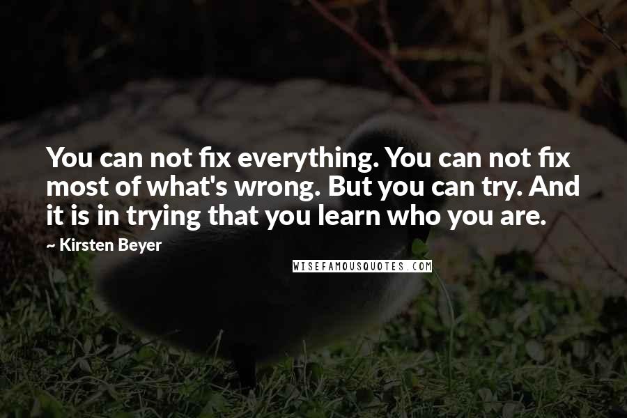 Kirsten Beyer Quotes: You can not fix everything. You can not fix most of what's wrong. But you can try. And it is in trying that you learn who you are.