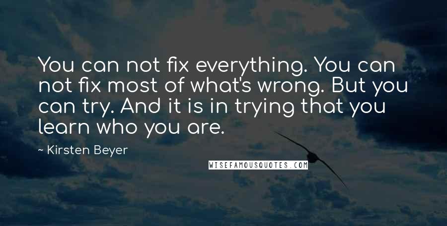 Kirsten Beyer Quotes: You can not fix everything. You can not fix most of what's wrong. But you can try. And it is in trying that you learn who you are.