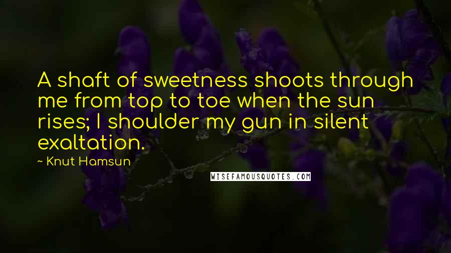 Knut Hamsun Quotes: A shaft of sweetness shoots through me from top to toe when the sun rises; I shoulder my gun in silent exaltation.