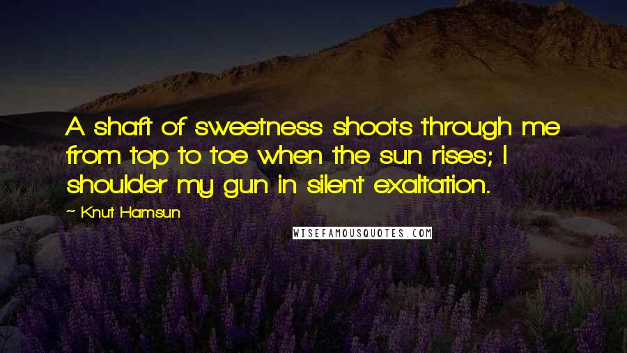 Knut Hamsun Quotes: A shaft of sweetness shoots through me from top to toe when the sun rises; I shoulder my gun in silent exaltation.