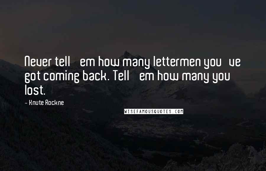 Knute Rockne Quotes: Never tell 'em how many lettermen you've got coming back. Tell 'em how many you lost.