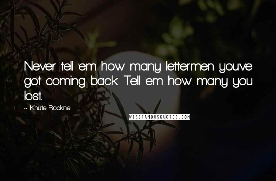 Knute Rockne Quotes: Never tell 'em how many lettermen you've got coming back. Tell 'em how many you lost.