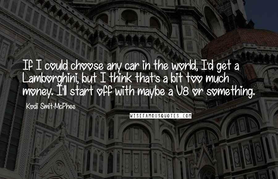 Kodi Smit-McPhee Quotes: If I could choose any car in the world, I'd get a Lamborghini, but I think that's a bit too much money. I'll start off with maybe a V8 or something.