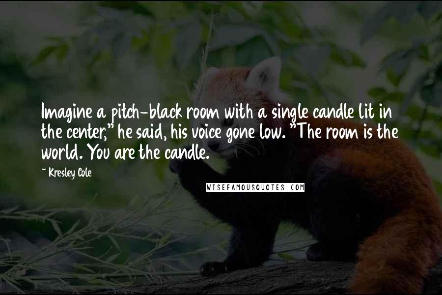 Kresley Cole Quotes: Imagine a pitch-black room with a single candle lit in the center," he said, his voice gone low. "The room is the world. You are the candle.