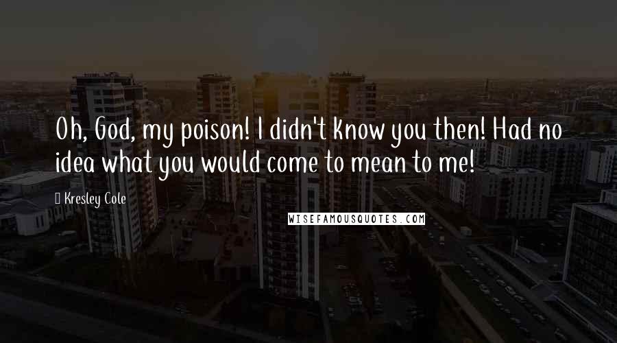 Kresley Cole Quotes: Oh, God, my poison! I didn't know you then! Had no idea what you would come to mean to me!