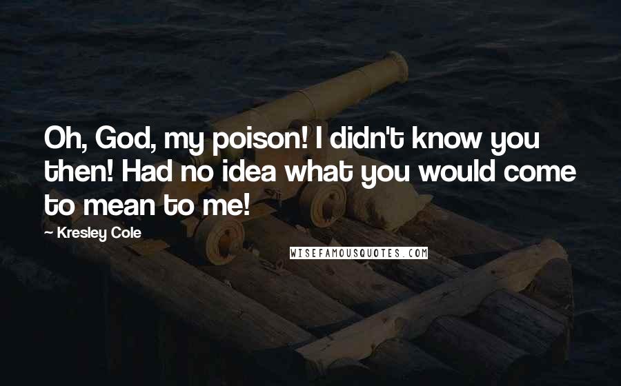 Kresley Cole Quotes: Oh, God, my poison! I didn't know you then! Had no idea what you would come to mean to me!