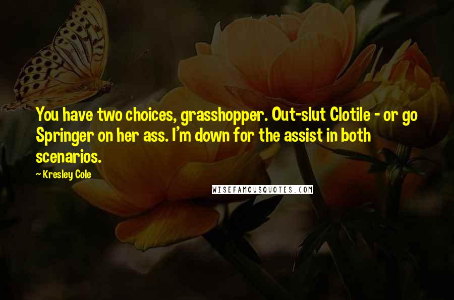 Kresley Cole Quotes: You have two choices, grasshopper. Out-slut Clotile - or go Springer on her ass. I'm down for the assist in both scenarios.
