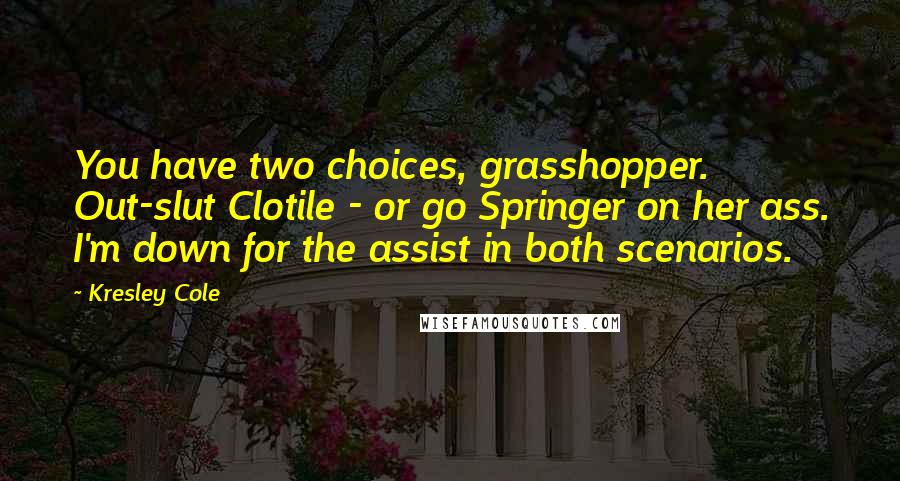 Kresley Cole Quotes: You have two choices, grasshopper. Out-slut Clotile - or go Springer on her ass. I'm down for the assist in both scenarios.