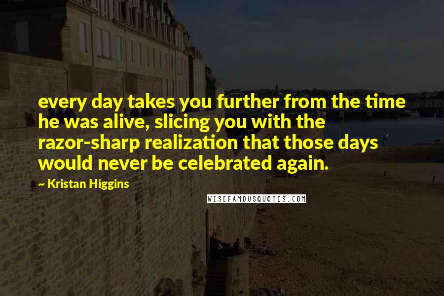 Kristan Higgins Quotes: every day takes you further from the time he was alive, slicing you with the razor-sharp realization that those days would never be celebrated again.