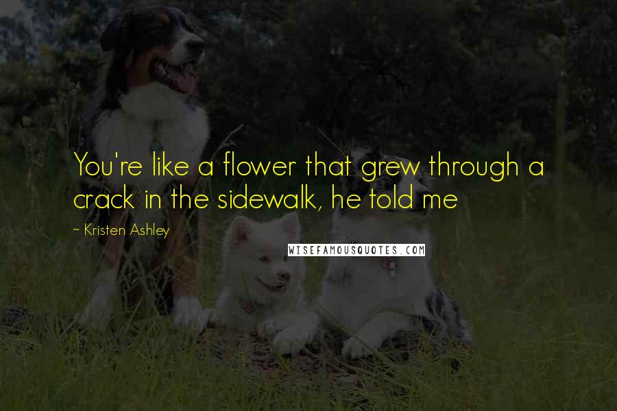 Kristen Ashley Quotes: You're like a flower that grew through a crack in the sidewalk, he told me