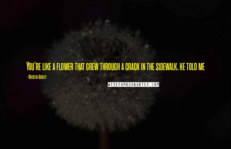Kristen Ashley Quotes: You're like a flower that grew through a crack in the sidewalk, he told me