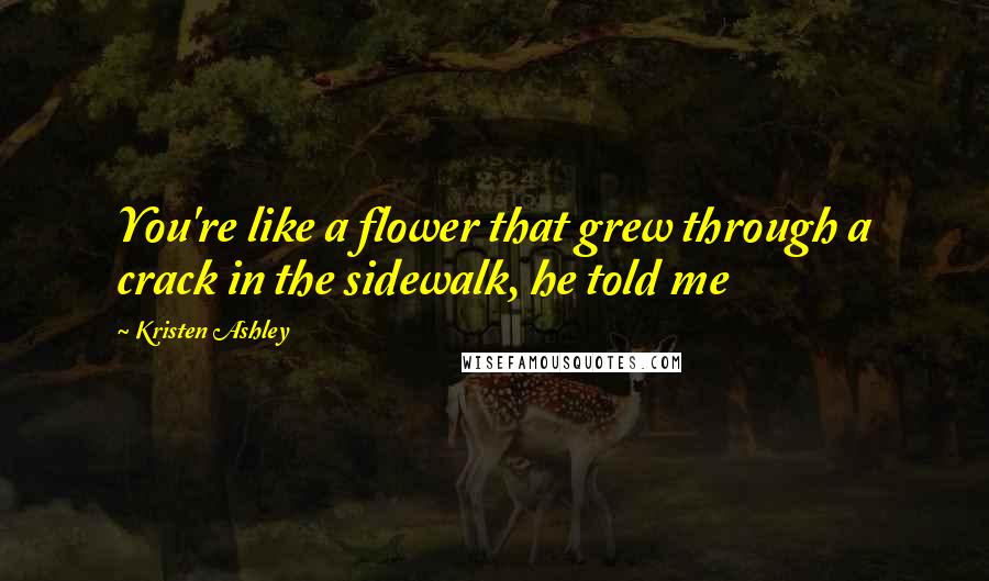 Kristen Ashley Quotes: You're like a flower that grew through a crack in the sidewalk, he told me
