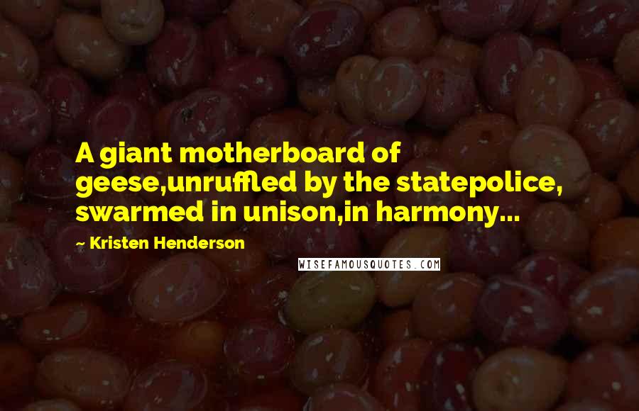 Kristen Henderson Quotes: A giant motherboard of geese,unruffled by the statepolice, swarmed in unison,in harmony...