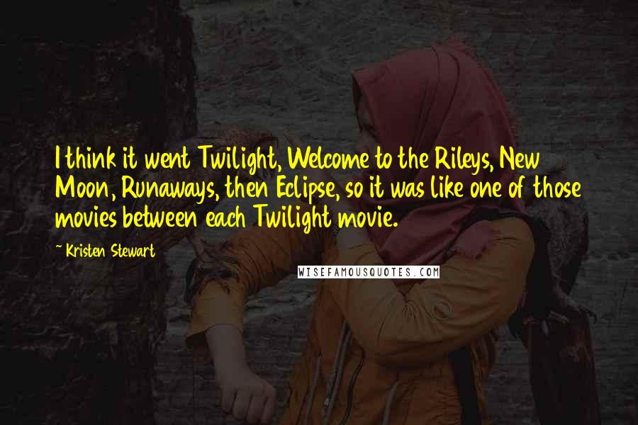 Kristen Stewart Quotes: I think it went Twilight, Welcome to the Rileys, New Moon, Runaways, then Eclipse, so it was like one of those movies between each Twilight movie.