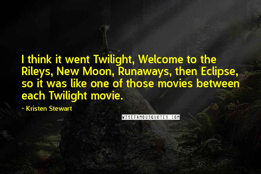 Kristen Stewart Quotes: I think it went Twilight, Welcome to the Rileys, New Moon, Runaways, then Eclipse, so it was like one of those movies between each Twilight movie.