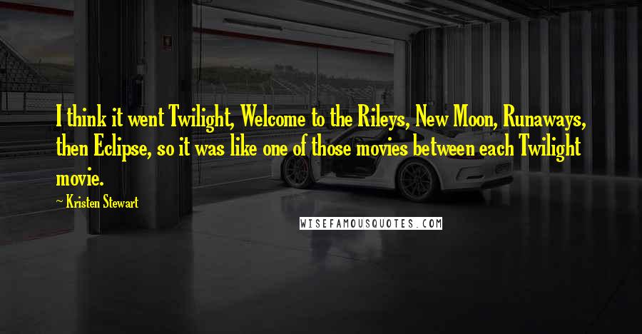 Kristen Stewart Quotes: I think it went Twilight, Welcome to the Rileys, New Moon, Runaways, then Eclipse, so it was like one of those movies between each Twilight movie.