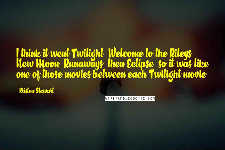 Kristen Stewart Quotes: I think it went Twilight, Welcome to the Rileys, New Moon, Runaways, then Eclipse, so it was like one of those movies between each Twilight movie.