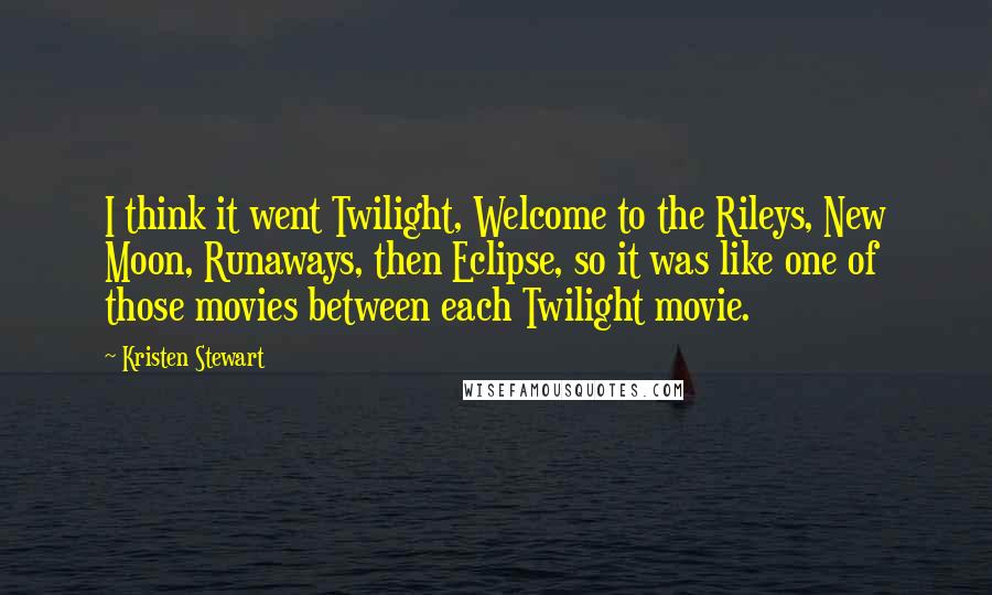 Kristen Stewart Quotes: I think it went Twilight, Welcome to the Rileys, New Moon, Runaways, then Eclipse, so it was like one of those movies between each Twilight movie.