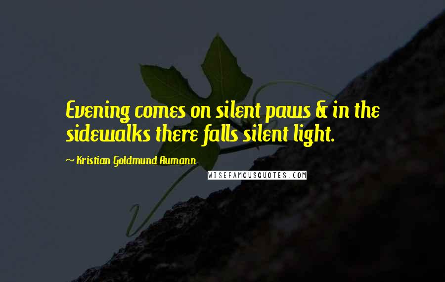 Kristian Goldmund Aumann Quotes: Evening comes on silent paws & in the sidewalks there falls silent light.
