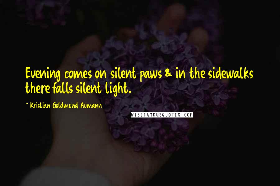 Kristian Goldmund Aumann Quotes: Evening comes on silent paws & in the sidewalks there falls silent light.