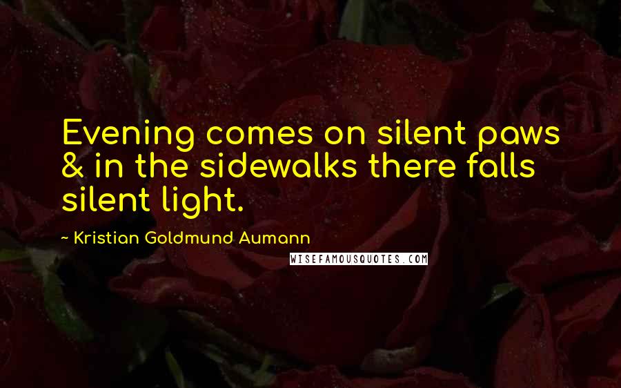 Kristian Goldmund Aumann Quotes: Evening comes on silent paws & in the sidewalks there falls silent light.