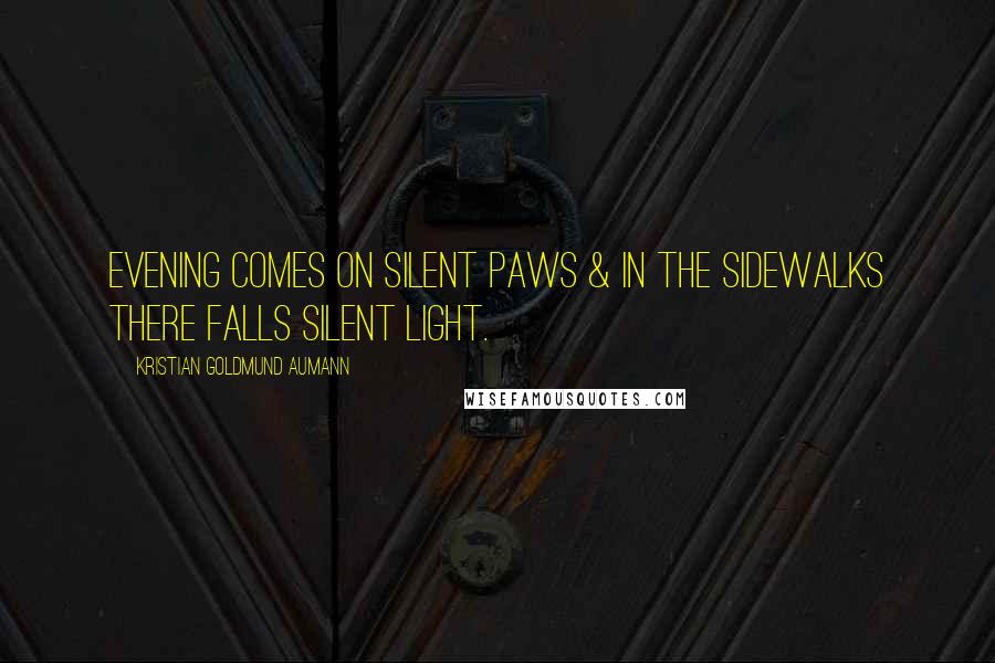 Kristian Goldmund Aumann Quotes: Evening comes on silent paws & in the sidewalks there falls silent light.