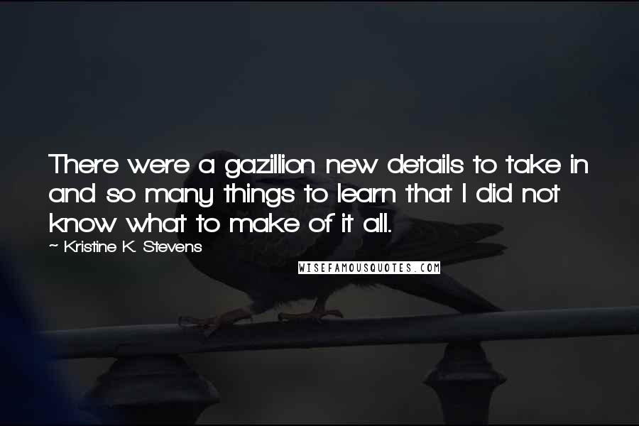 Kristine K. Stevens Quotes: There were a gazillion new details to take in and so many things to learn that I did not know what to make of it all.