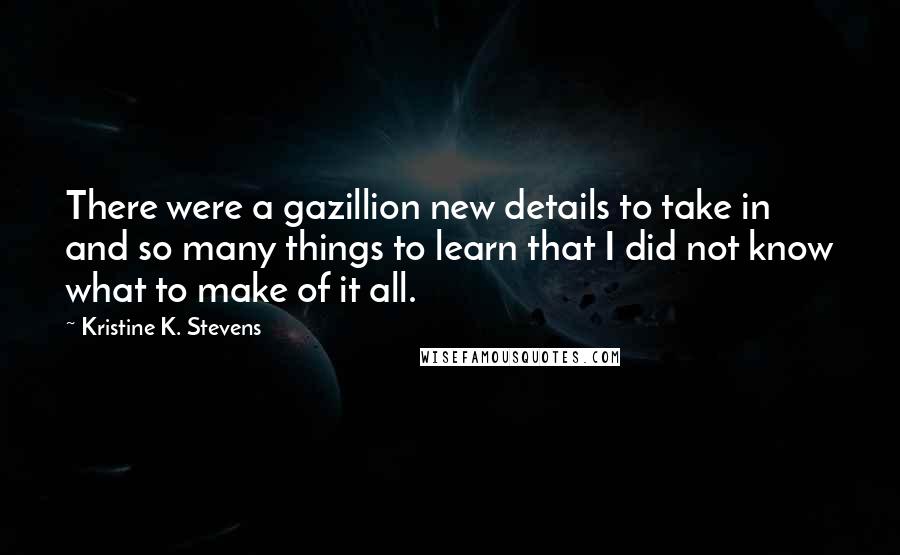 Kristine K. Stevens Quotes: There were a gazillion new details to take in and so many things to learn that I did not know what to make of it all.