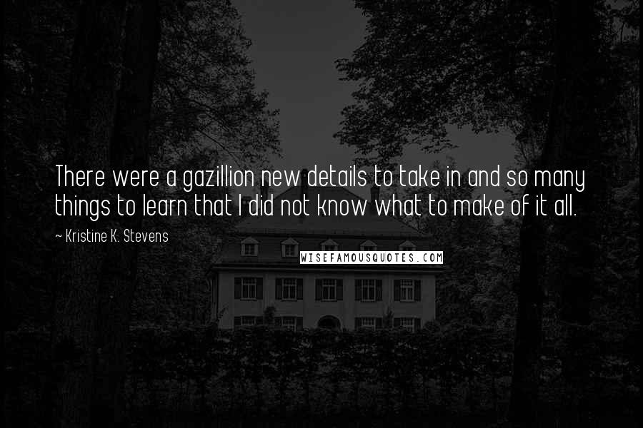 Kristine K. Stevens Quotes: There were a gazillion new details to take in and so many things to learn that I did not know what to make of it all.