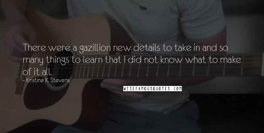 Kristine K. Stevens Quotes: There were a gazillion new details to take in and so many things to learn that I did not know what to make of it all.