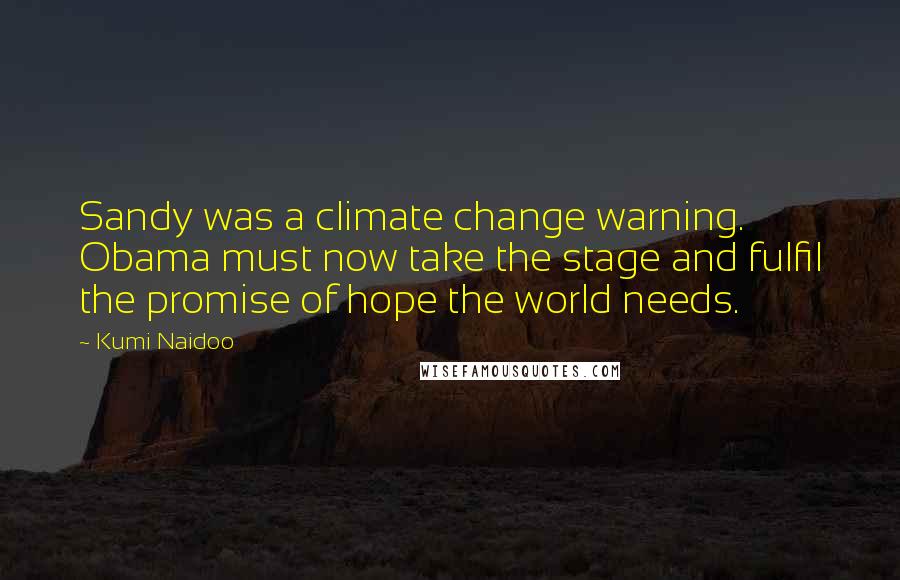 Kumi Naidoo Quotes: Sandy was a climate change warning. Obama must now take the stage and fulfil the promise of hope the world needs.