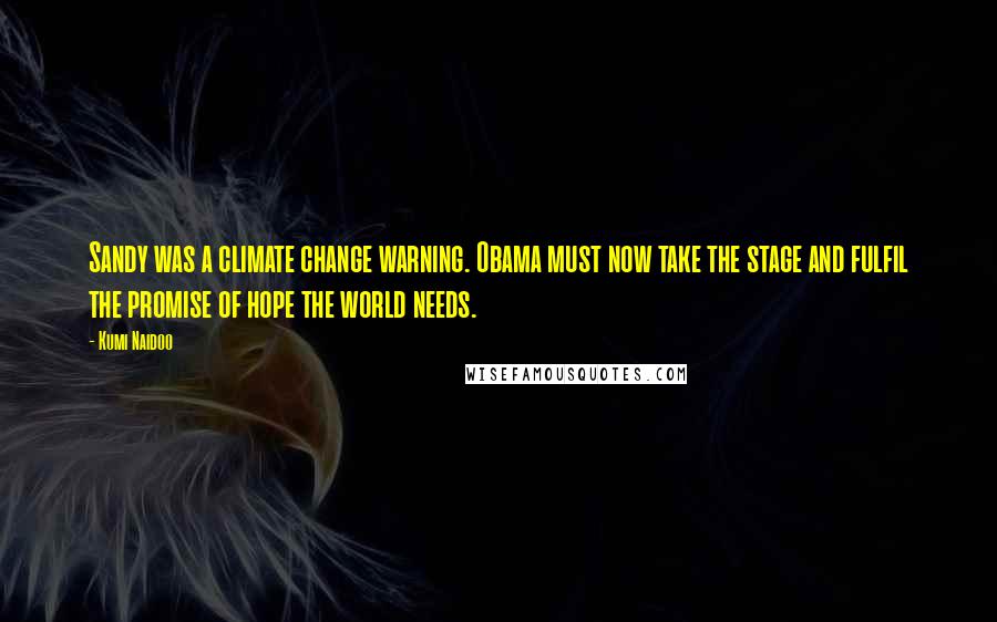 Kumi Naidoo Quotes: Sandy was a climate change warning. Obama must now take the stage and fulfil the promise of hope the world needs.