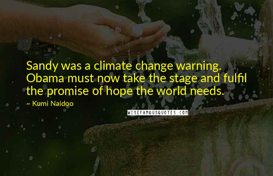 Kumi Naidoo Quotes: Sandy was a climate change warning. Obama must now take the stage and fulfil the promise of hope the world needs.