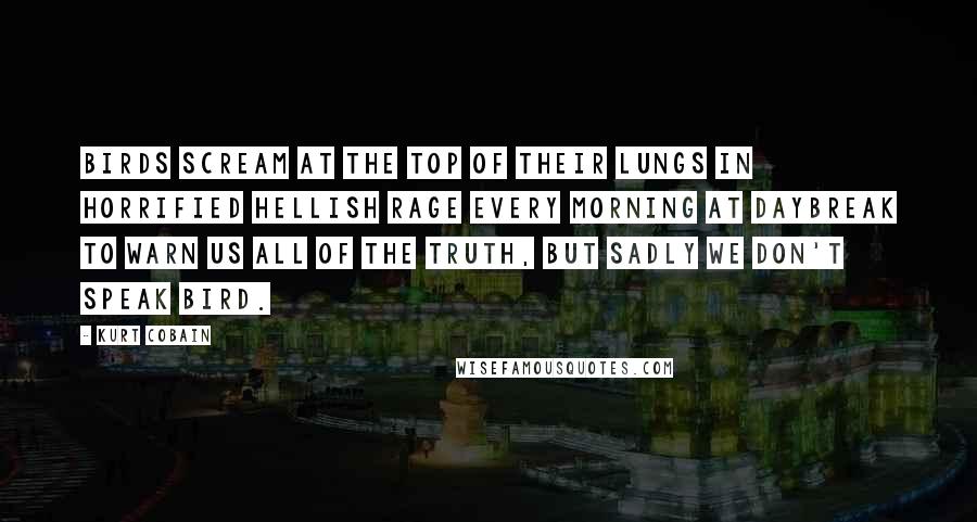 Kurt Cobain Quotes: Birds scream at the top of their lungs in horrified hellish rage every morning at daybreak to warn us all of the truth, but sadly we don't speak bird.