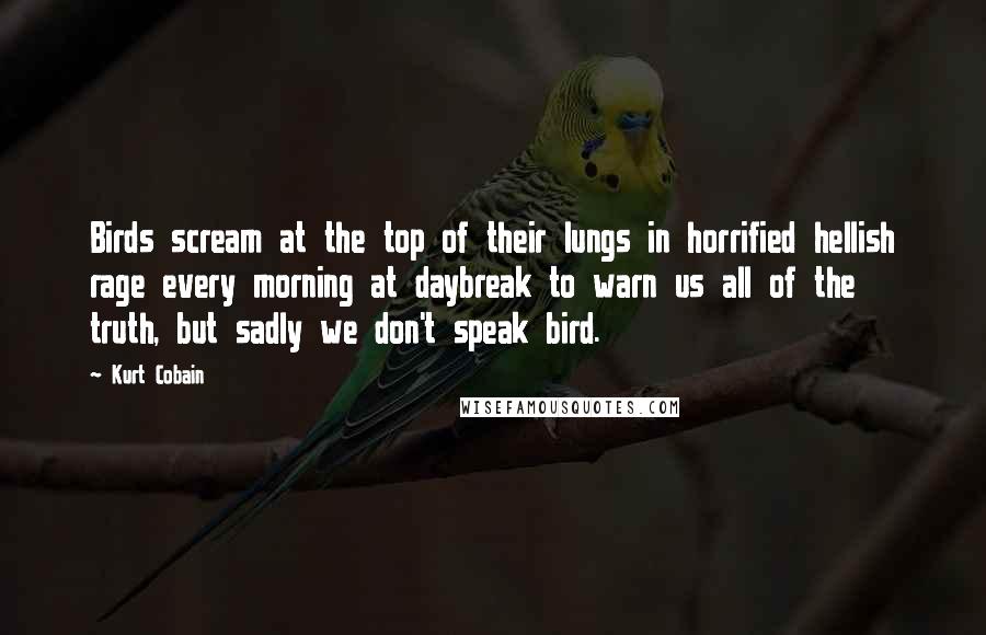 Kurt Cobain Quotes: Birds scream at the top of their lungs in horrified hellish rage every morning at daybreak to warn us all of the truth, but sadly we don't speak bird.