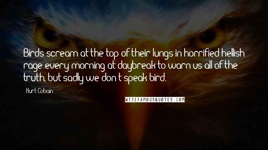 Kurt Cobain Quotes: Birds scream at the top of their lungs in horrified hellish rage every morning at daybreak to warn us all of the truth, but sadly we don't speak bird.