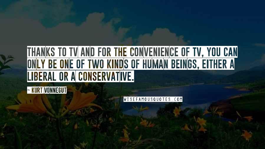 Kurt Vonnegut Quotes: Thanks to TV and for the convenience of TV, you can only be one of two kinds of human beings, either a liberal or a conservative.