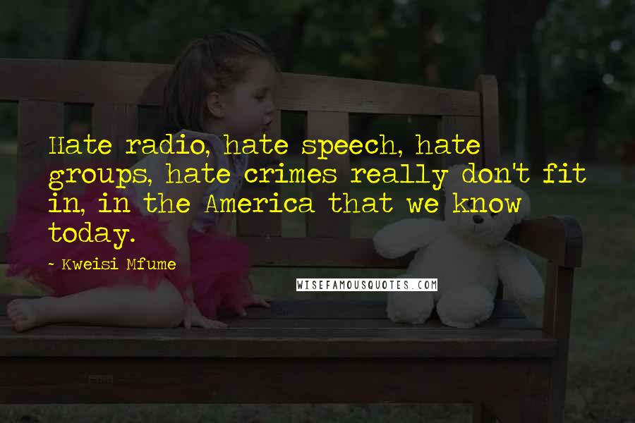 Kweisi Mfume Quotes: Hate radio, hate speech, hate groups, hate crimes really don't fit in, in the America that we know today.