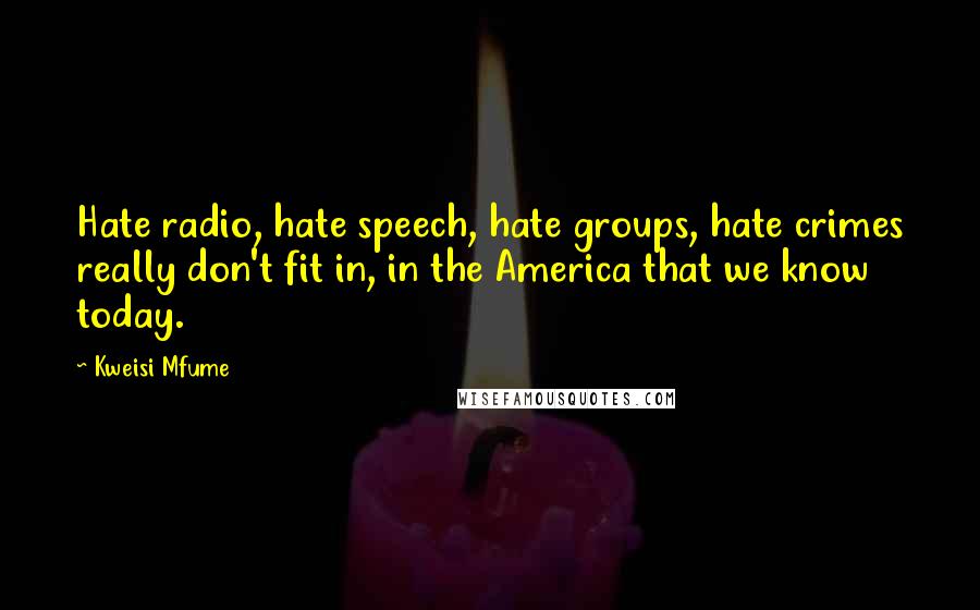 Kweisi Mfume Quotes: Hate radio, hate speech, hate groups, hate crimes really don't fit in, in the America that we know today.