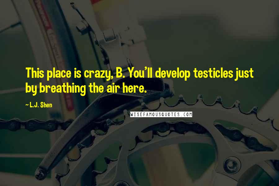 L.J. Shen Quotes: This place is crazy, B. You'll develop testicles just by breathing the air here.