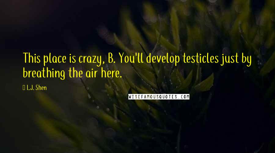 L.J. Shen Quotes: This place is crazy, B. You'll develop testicles just by breathing the air here.