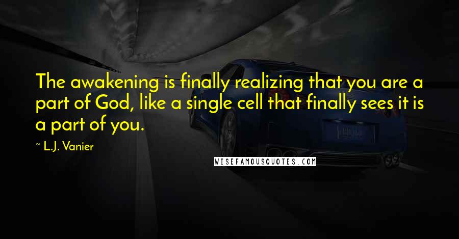 L.J. Vanier Quotes: The awakening is finally realizing that you are a part of God, like a single cell that finally sees it is a part of you.