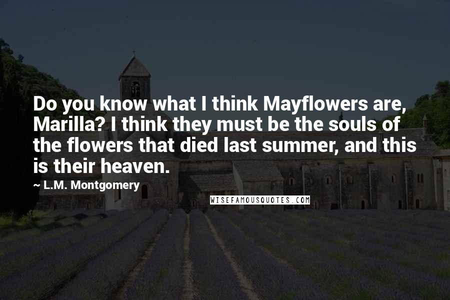 L.M. Montgomery Quotes: Do you know what I think Mayflowers are, Marilla? I think they must be the souls of the flowers that died last summer, and this is their heaven.