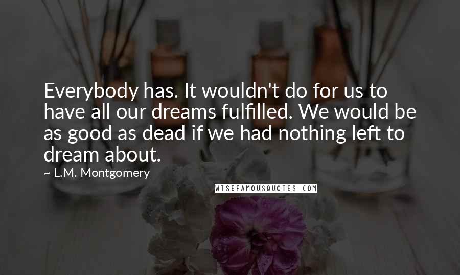 L.M. Montgomery Quotes: Everybody has. It wouldn't do for us to have all our dreams fulfilled. We would be as good as dead if we had nothing left to dream about.