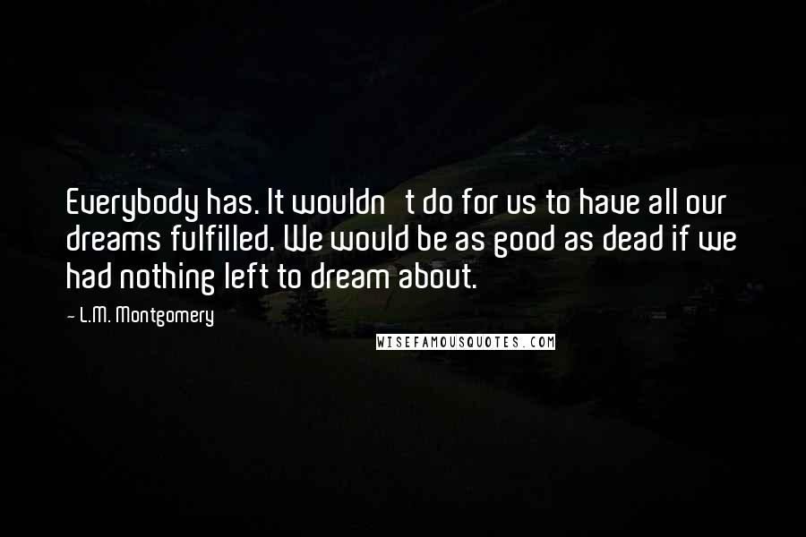 L.M. Montgomery Quotes: Everybody has. It wouldn't do for us to have all our dreams fulfilled. We would be as good as dead if we had nothing left to dream about.