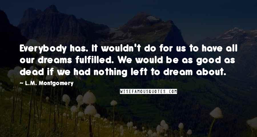 L.M. Montgomery Quotes: Everybody has. It wouldn't do for us to have all our dreams fulfilled. We would be as good as dead if we had nothing left to dream about.